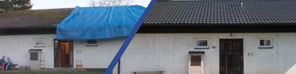 Rekonstrukce střechy zobrazující stav před a po opravě.